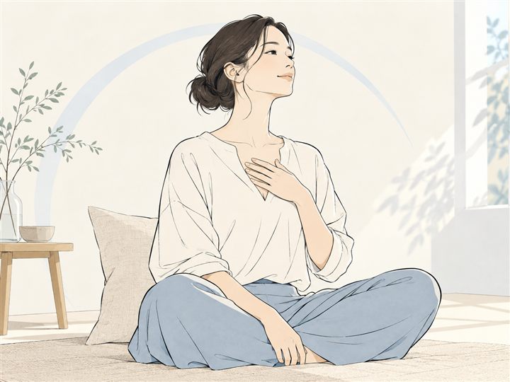 静かに自分の呼吸を見つめる人の線画イラスト
