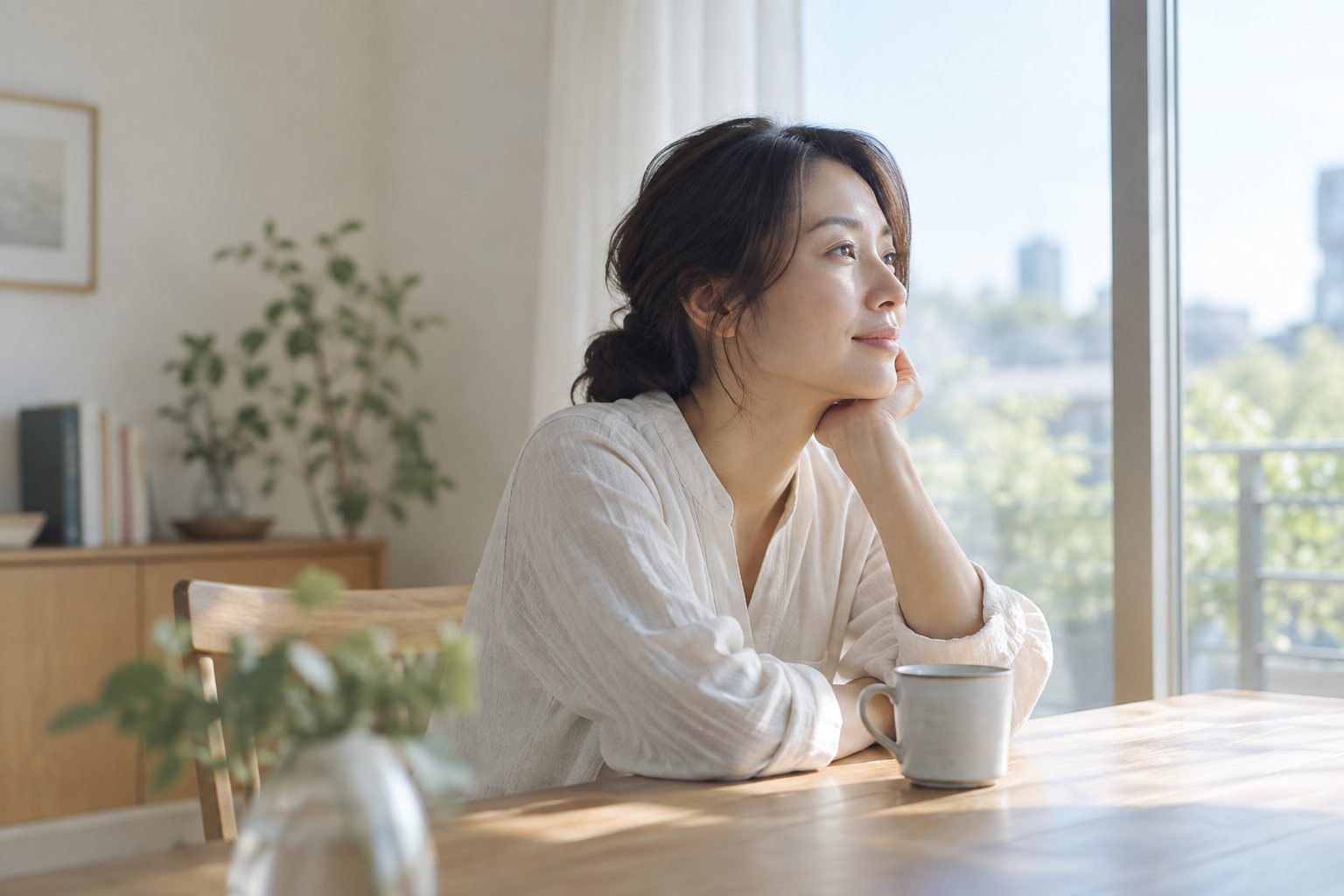 朝の窓辺で、静かに自分の時間を過ごす人