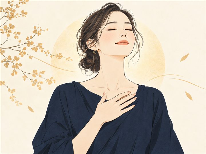 喜びに満ち、目を閉じて深く息をつく女性の線画イラスト