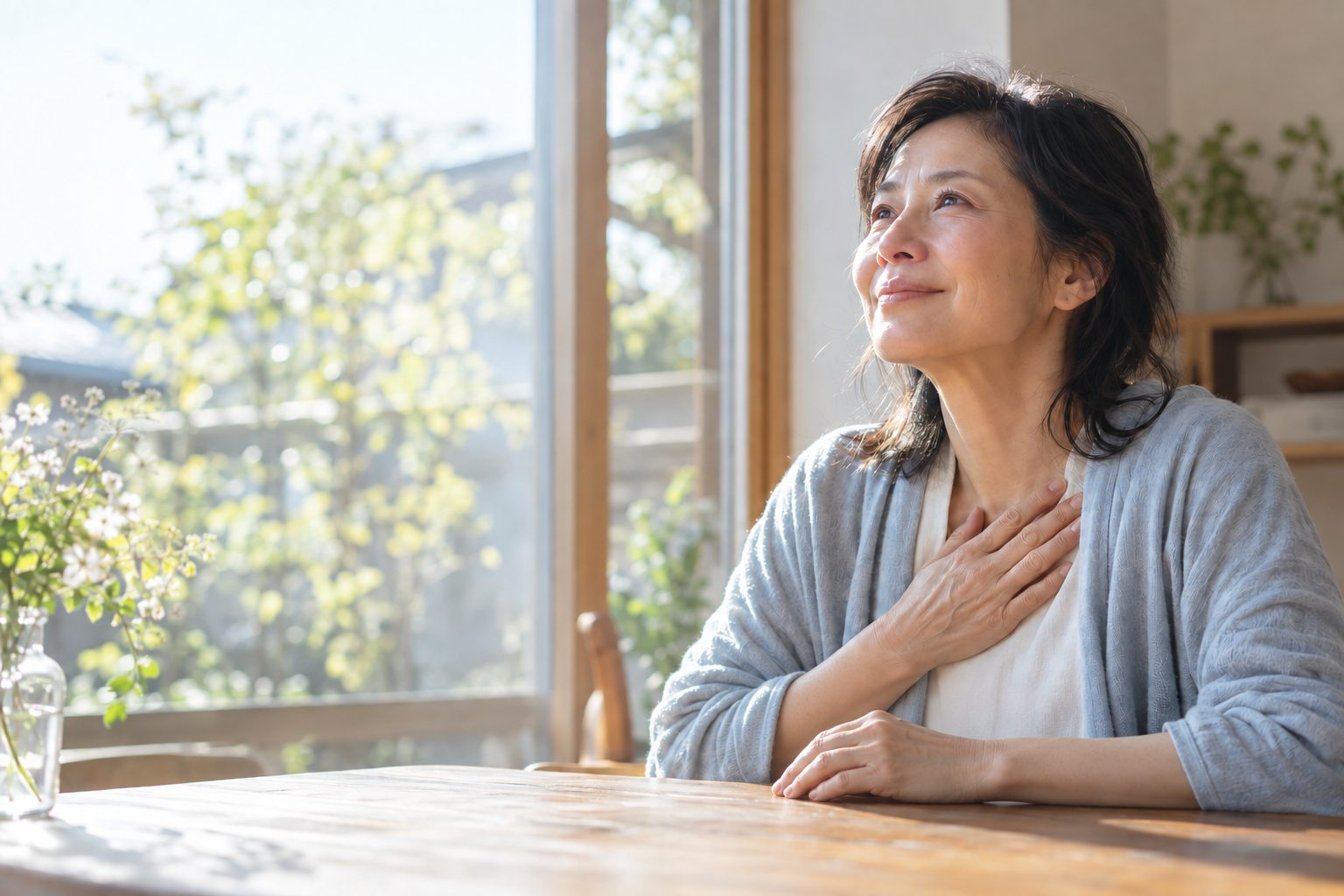 朝の光が入る窓辺で、深い感動とともに胸へ手を添える人