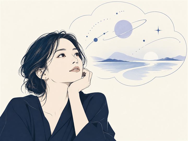 近未来的な思考の雲を見上げる人の線画イラスト
