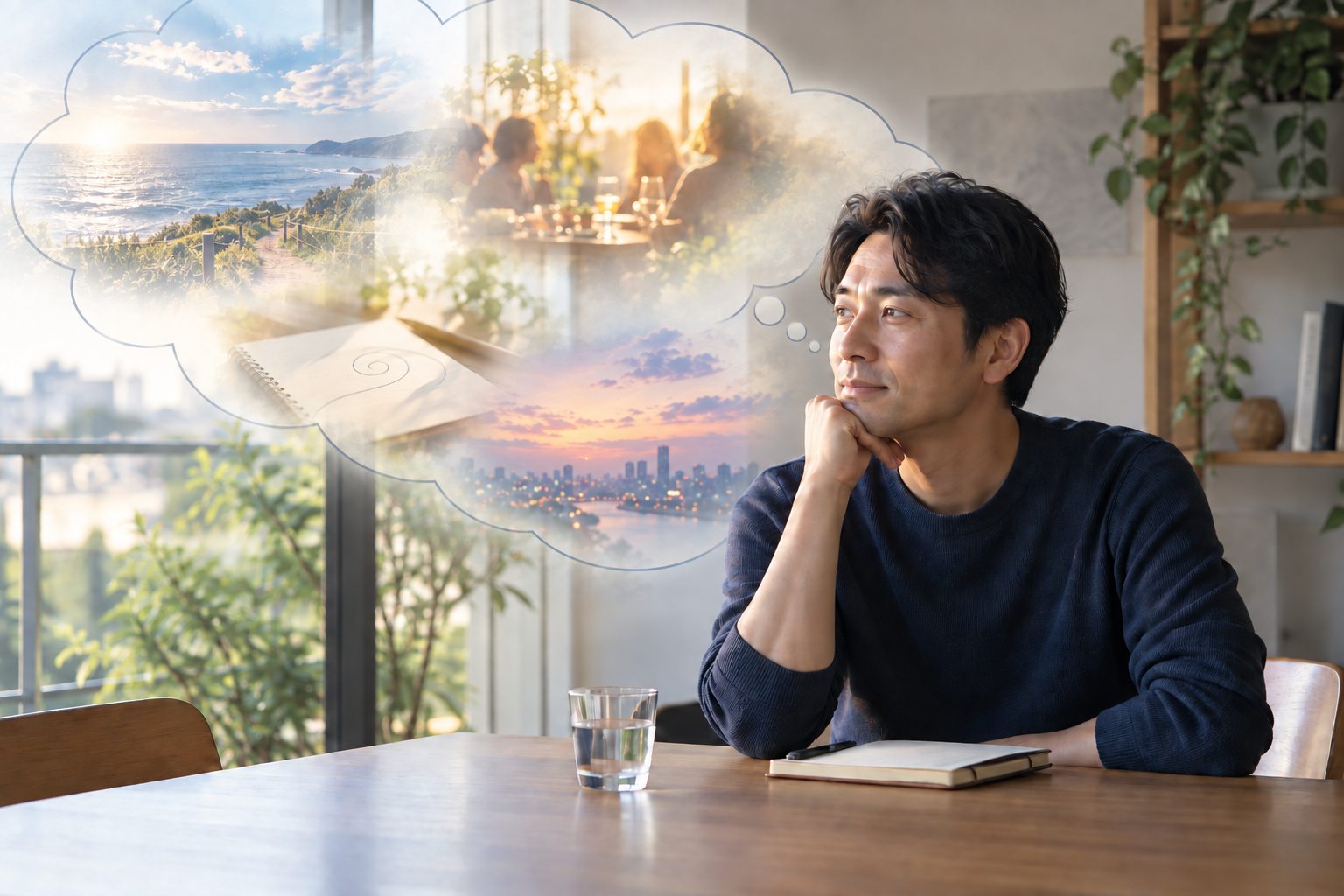 窓辺で考えごとをしながら、海辺の道や人との時間、これからの景色を思い浮かべる人