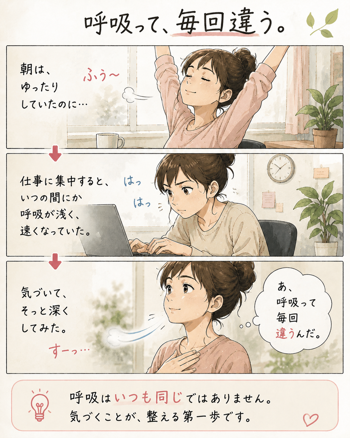 朝と仕事中で呼吸が変わることに気づく漫画
